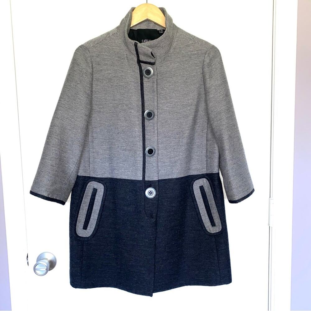 Carlisle Collection Luxury Gray Wool Silk Colorblock Coat